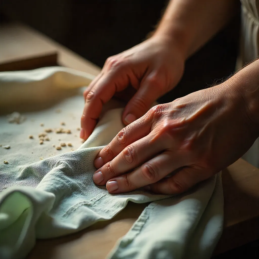 Hands carefully restoring vintage textile fabric